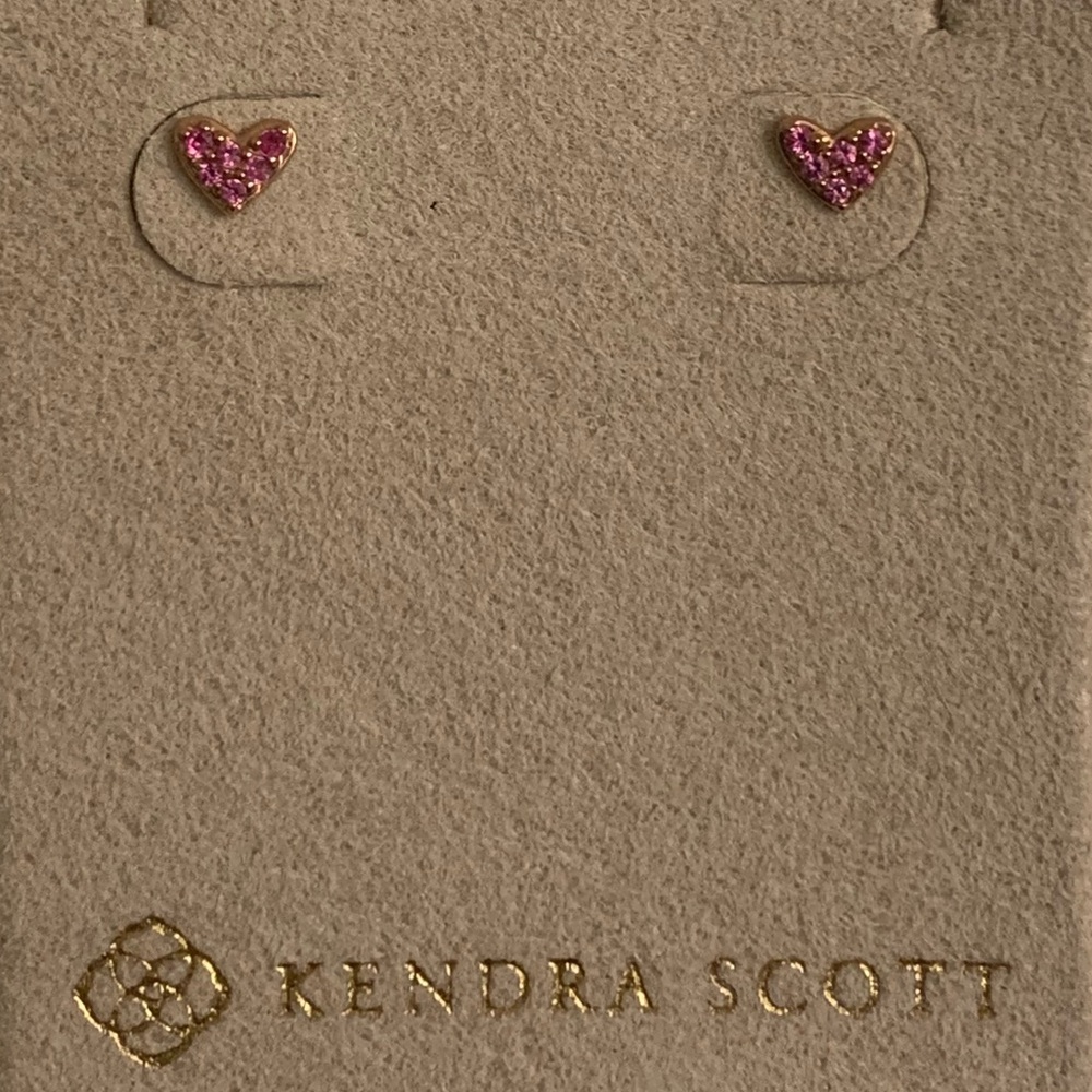 Kendra Scott 14k Solid Rose Gold Pink Sapphire Heart Stud Earrings - Picture 2 of 12